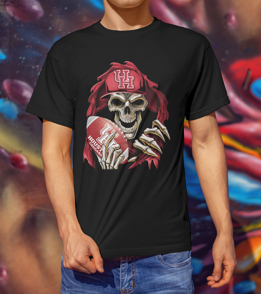 Skullbong Houston Cougars Skeleton Holding Football With UH T-Shirt