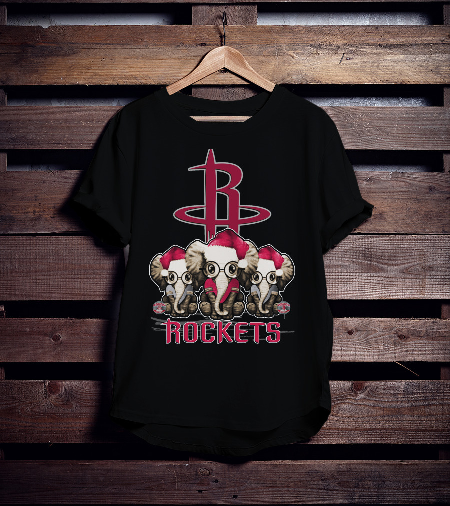 Houston Rockets Xmas Elephants With Santa Hats T-Shirt