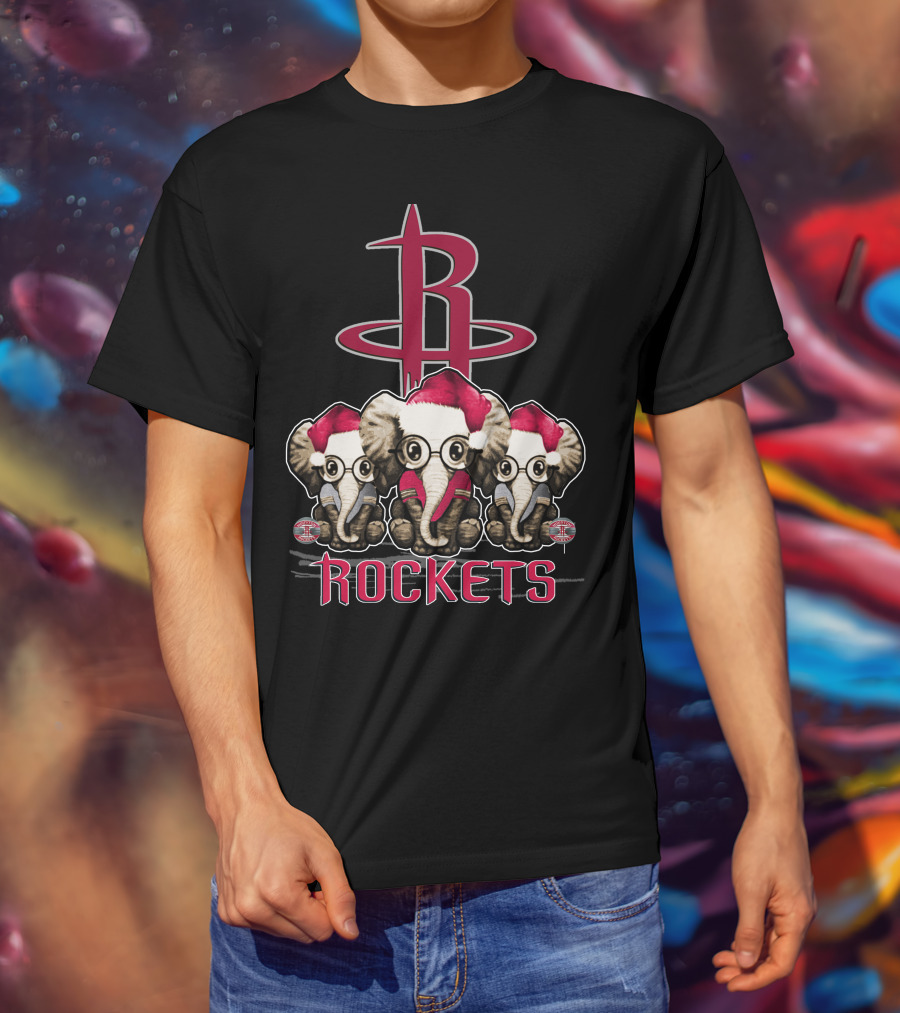 Houston Rockets Xmas Elephants With Santa Hats T-Shirt
