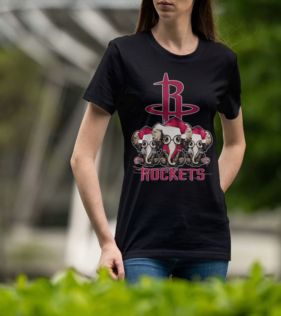 Houston Rockets Xmas Elephants With Santa Hats T-Shirt