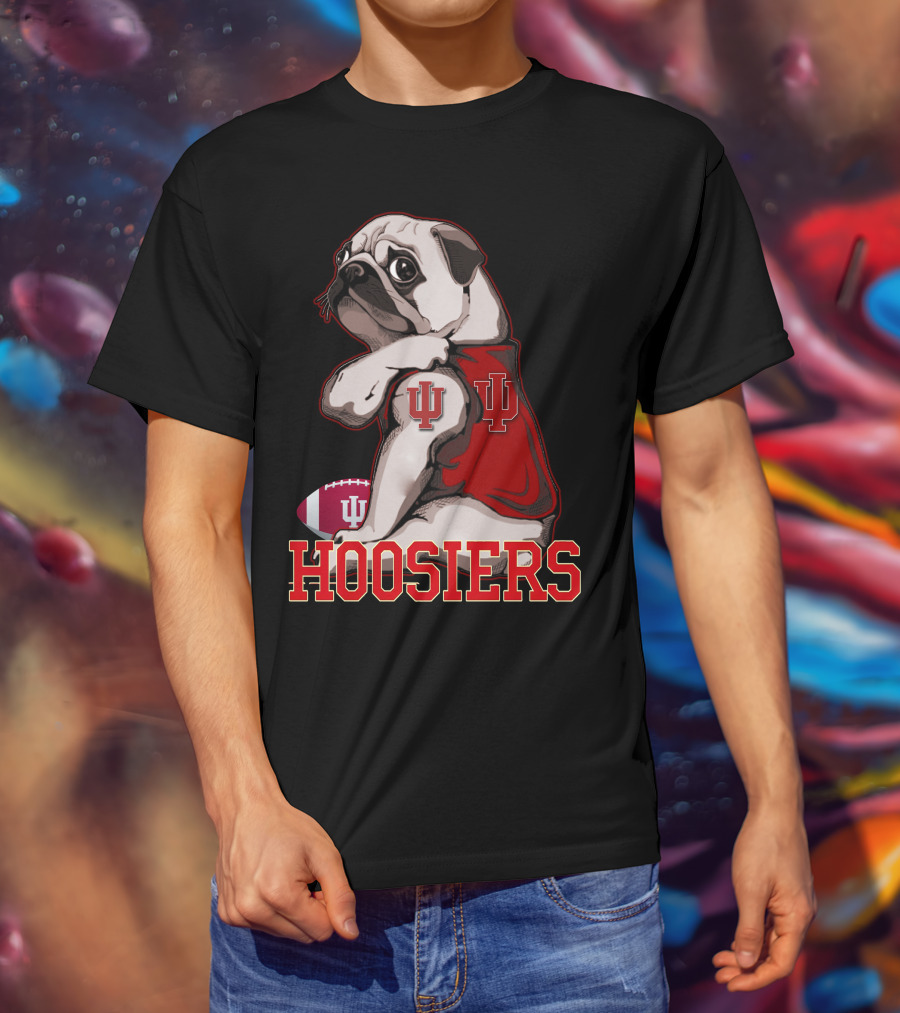 Pug Wearing Indiana Hoosiers Football Jersey With IU T-Shirt