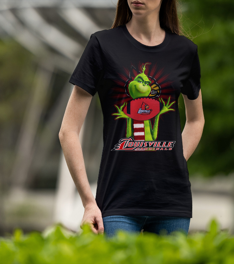 Grinch Holding Louisville Cardinals Football T-Shirt