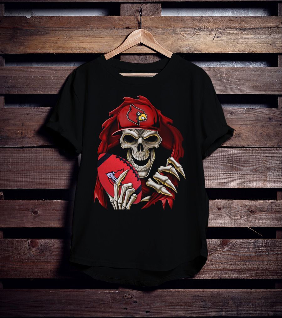 Skullbong Louisville Cardinals Skeleton With Football And Cap T-Shirt