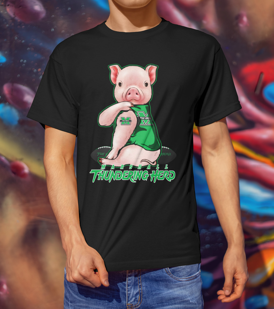 Marshall Thundering Herd Pig In Green Sports Jersey T-Shirt
