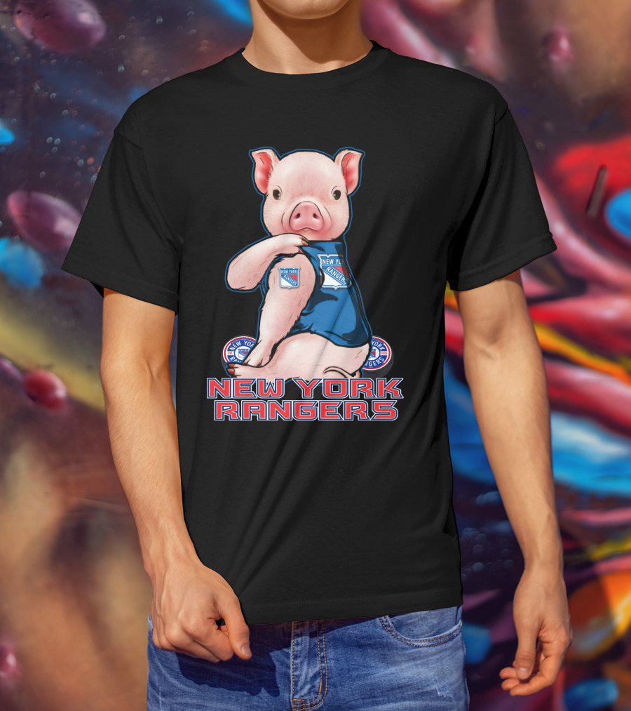 Pig Wearing New York Rangers Blue Logo T-Shirt