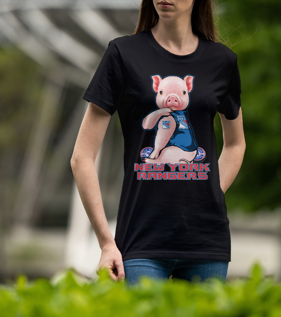 Pig Wearing New York Rangers Blue Logo T-Shirt