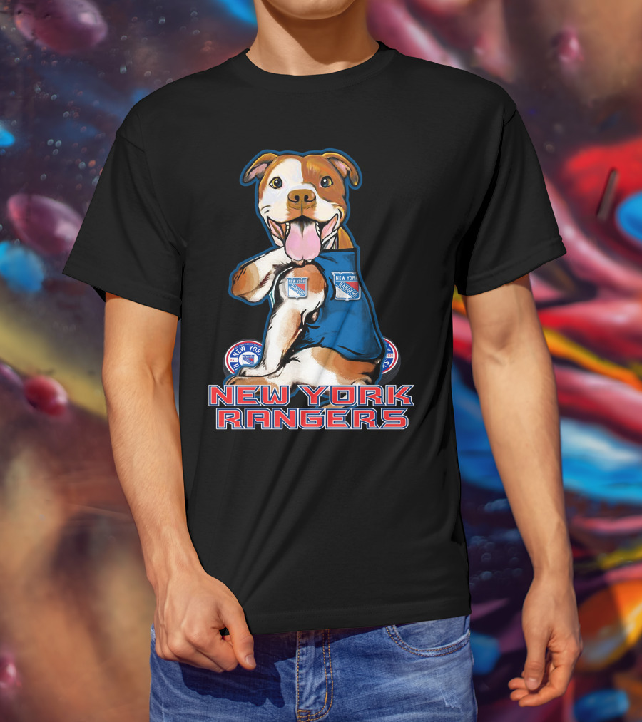 New York Rangers Pitbull With Logo And Paw Up T-Shirt