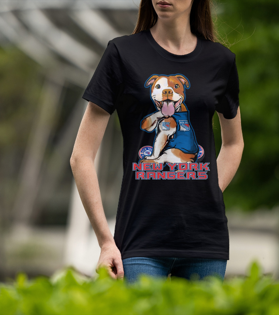 New York Rangers Pitbull With Logo And Paw Up T-Shirt