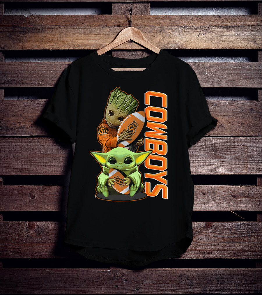 Grzd Oklahoma State Cowboys Groot Baby Yoda Football T-Shirt