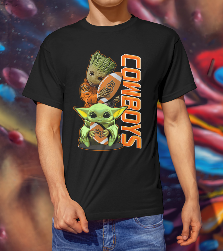 Grzd Oklahoma State Cowboys Groot Baby Yoda Football T-Shirt