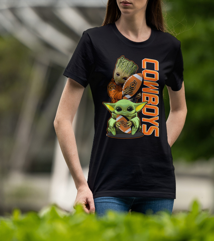 Grzd Oklahoma State Cowboys Groot Baby Yoda Football T-Shirt