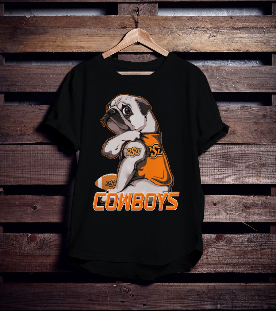 OSU Pug With Football And Cowboys Text T-Shirt