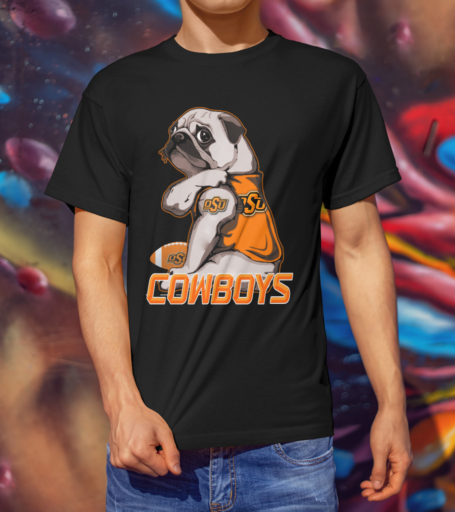 OSU Pug With Football And Cowboys Text T-Shirt