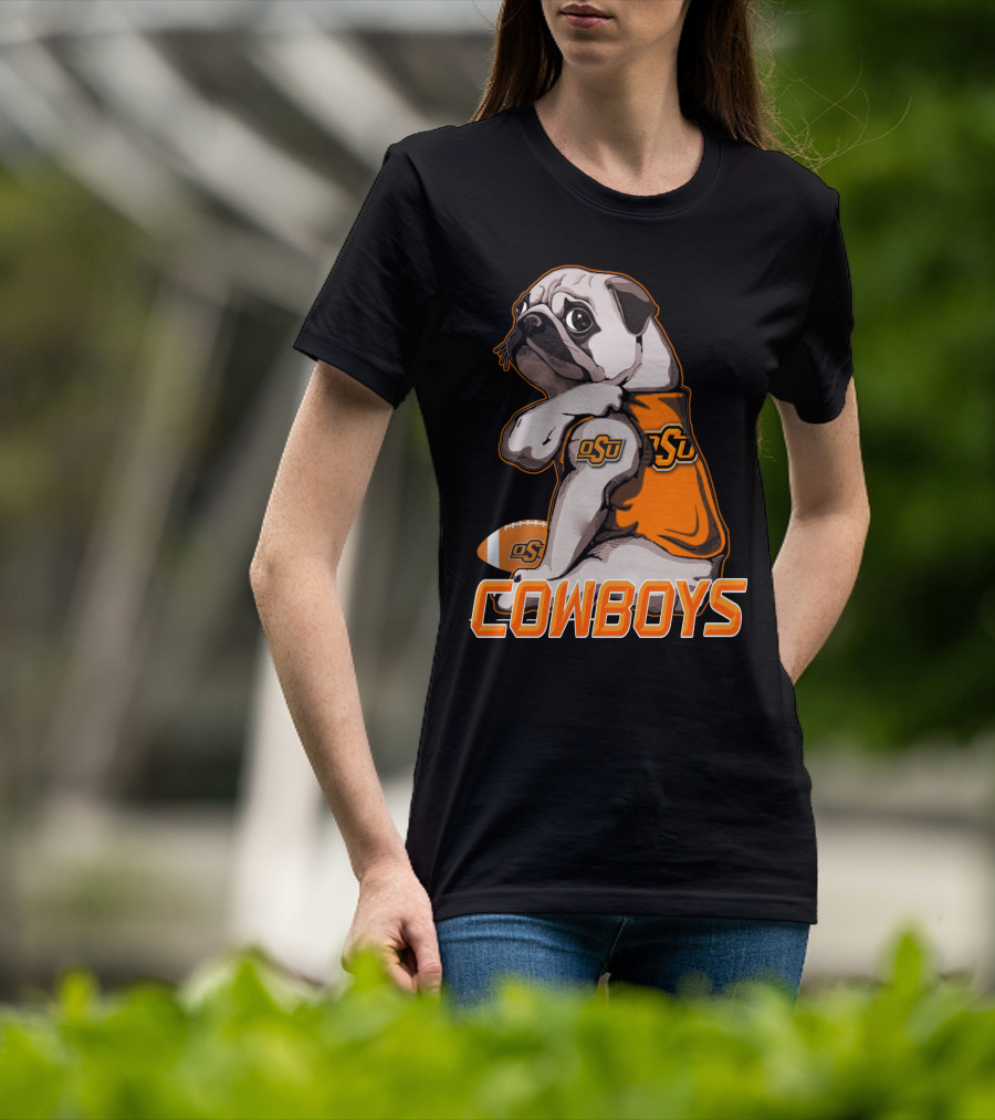 OSU Pug With Football And Cowboys Text T-Shirt