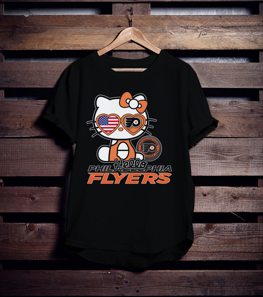 Hello Kitty Philadelphia Flyers American Flag Heart Glasses T-Shirt