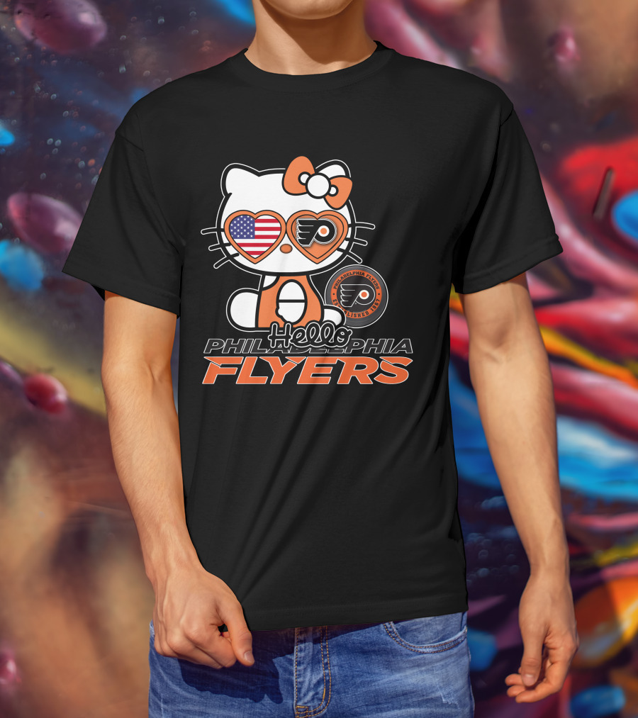 Hello Kitty Philadelphia Flyers American Flag Heart Glasses T-Shirt