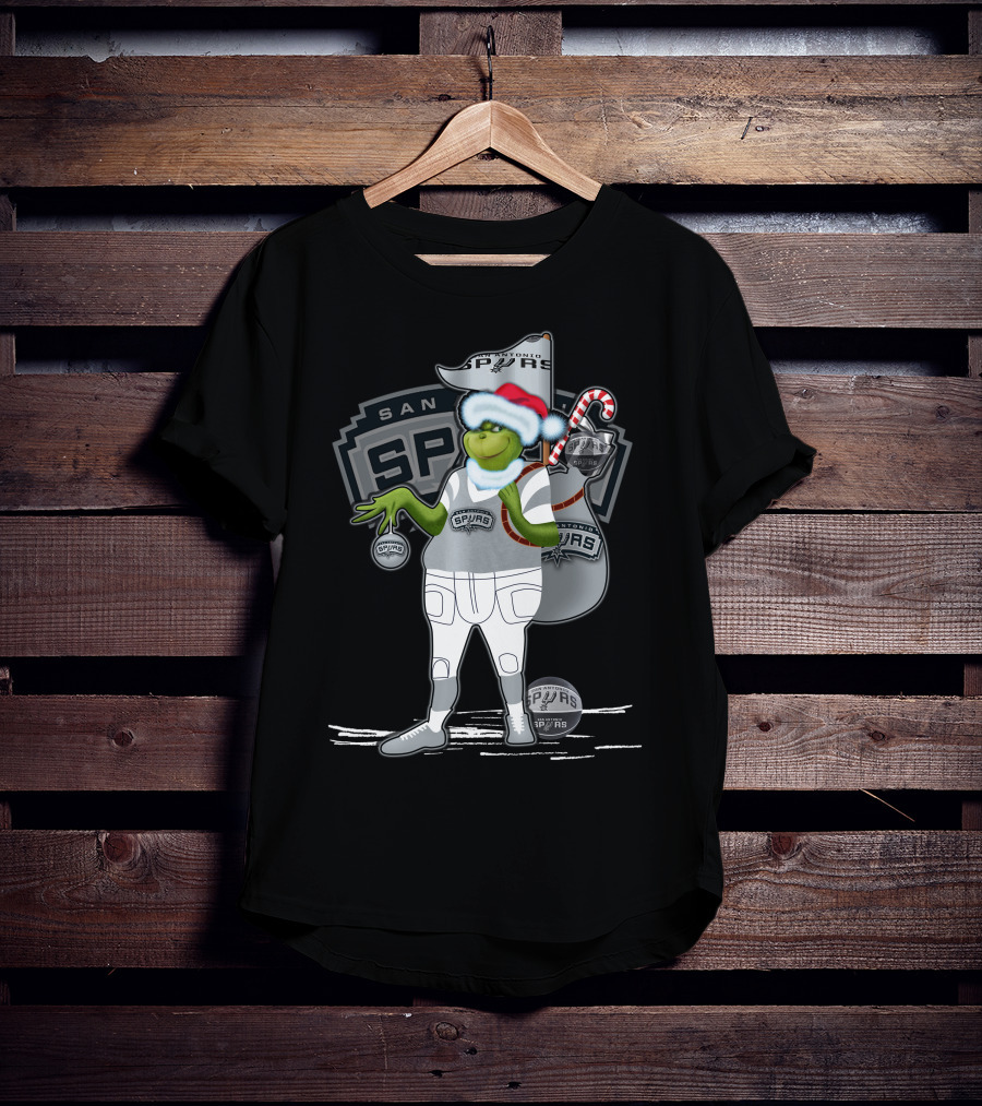 Grinch Santa Hat Holding Ornament San Antonio Spurs Christmas Sack T-Shirt