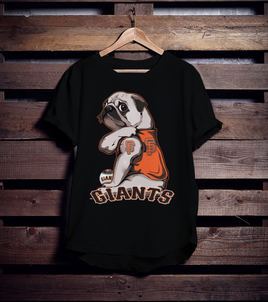 Pug In San Francisco Giants Orange Jersey With Logo And Baseball T-Shirt