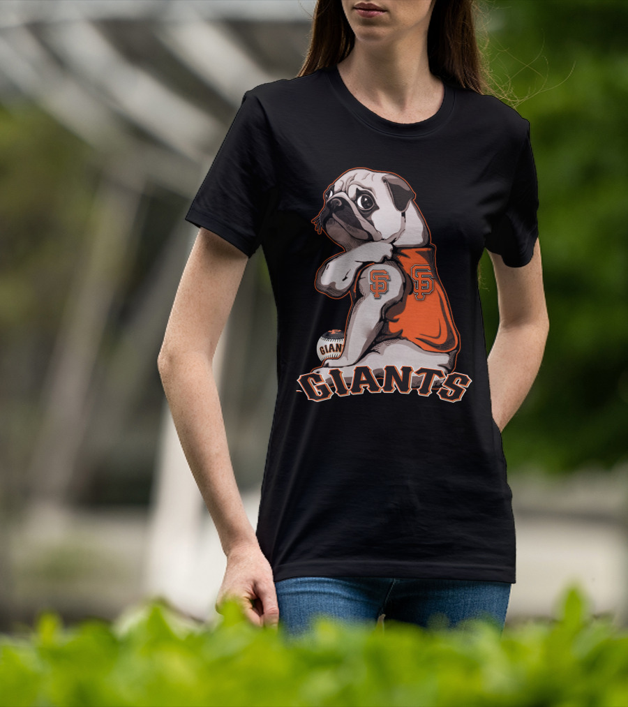 Pug In San Francisco Giants Orange Jersey With Logo And Baseball T-Shirt