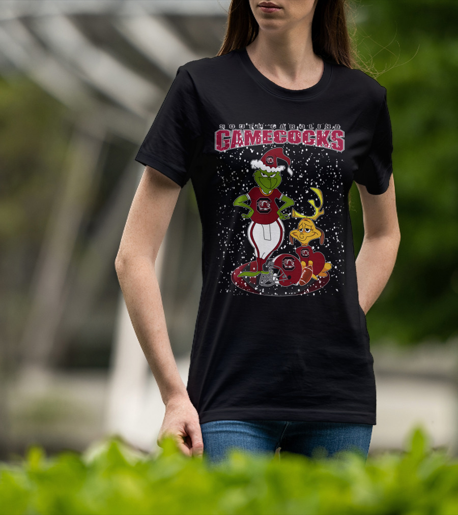 Grinchxmas South Carolina Gamecocks Holiday Football Santa Grinch And Max T-Shirt