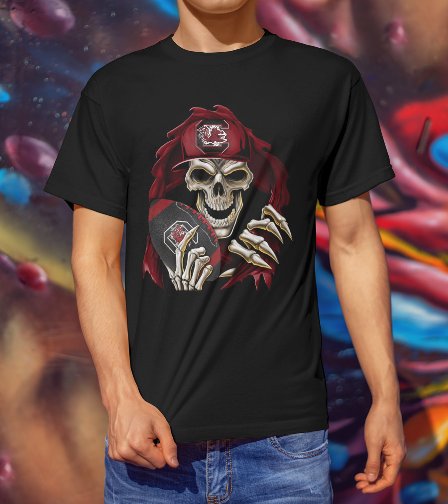 South Carolina Gamecocks Skull Holding Football T-Shirt
