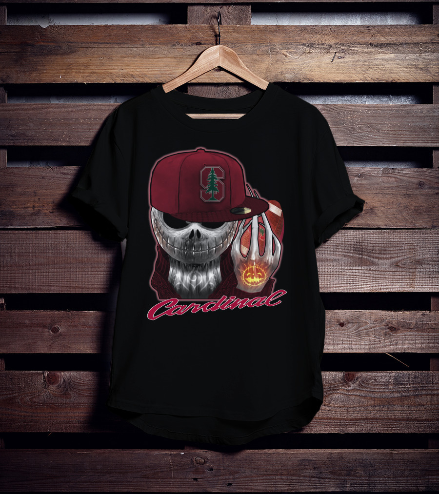 Jackskull Holding Football With Stanford Cardinal Hat And Glowing Pumpkin T-Shirt