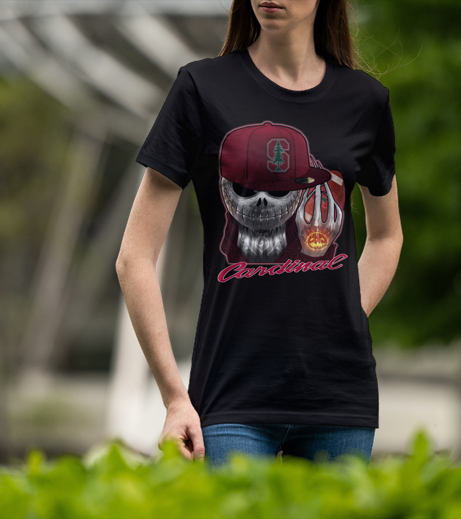 Jackskull Holding Football With Stanford Cardinal Hat And Glowing Pumpkin T-Shirt
