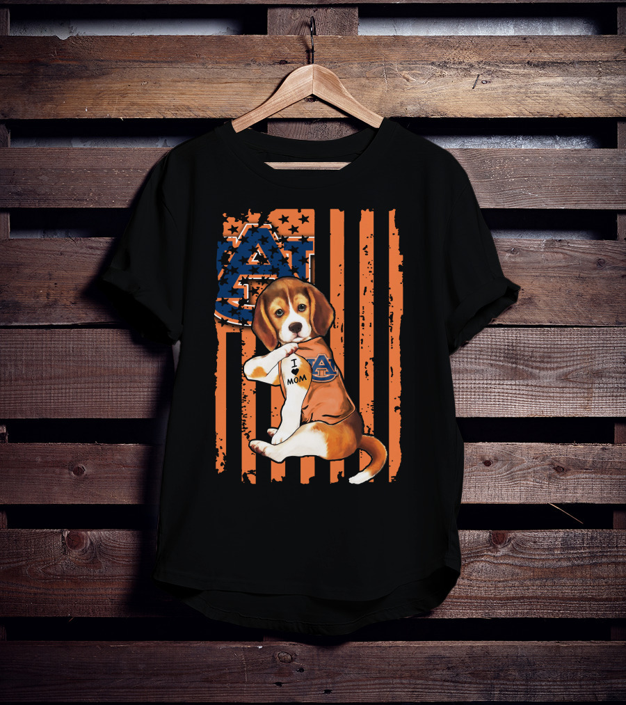 Auburn Tigers Beagle With I Love Mom Tattoo On Auburn T-Shirt
