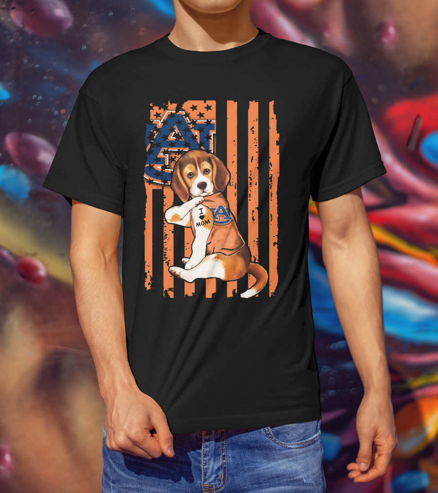 Auburn Tigers Beagle With I Love Mom Tattoo On Auburn T-Shirt