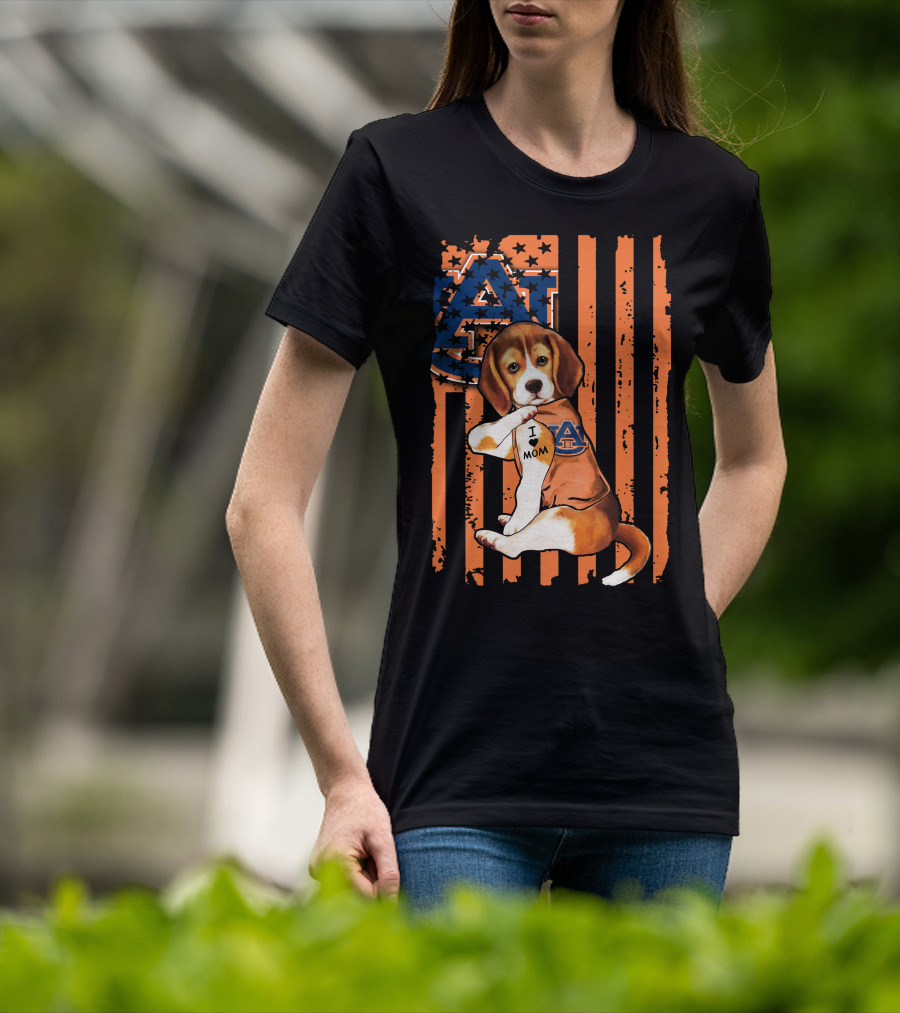 Auburn Tigers Beagle With I Love Mom Tattoo On Auburn T-Shirt