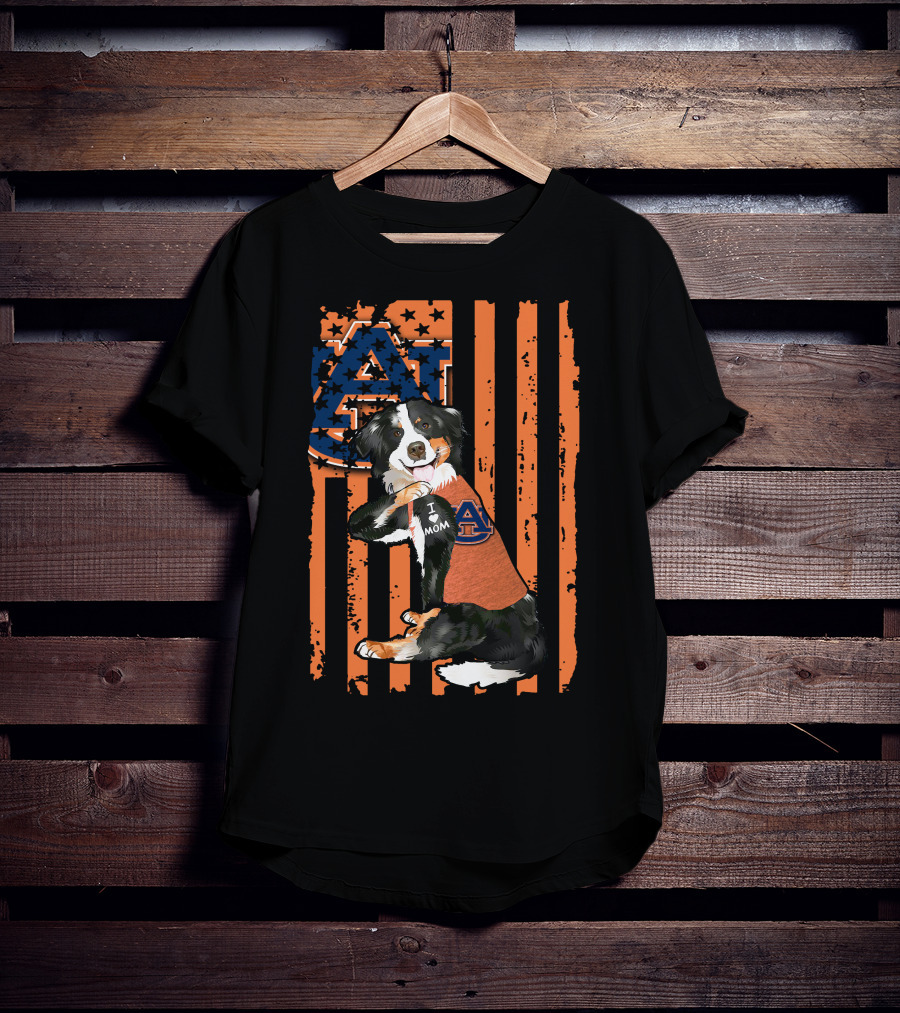 Auburn Tigers I Love Mom Border Collie With Logo And American Flag Stripes T-Shirt