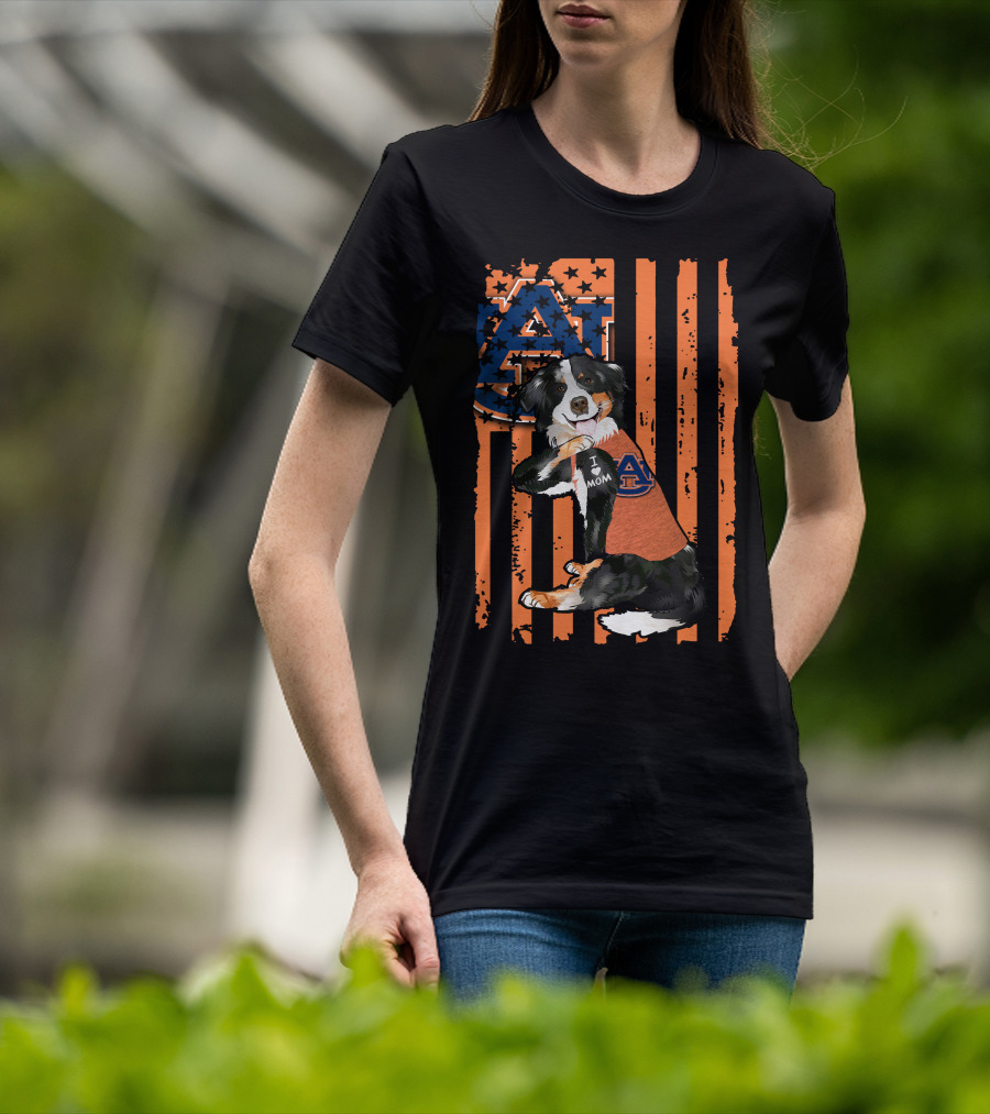 Auburn Tigers I Love Mom Border Collie With Logo And American Flag Stripes T-Shirt