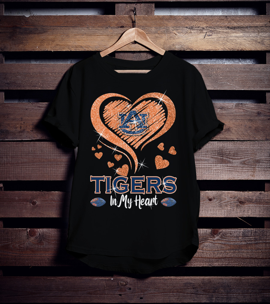 Tigers In My Heart Auburn University Logo With Glitter Hearts T-Shirt