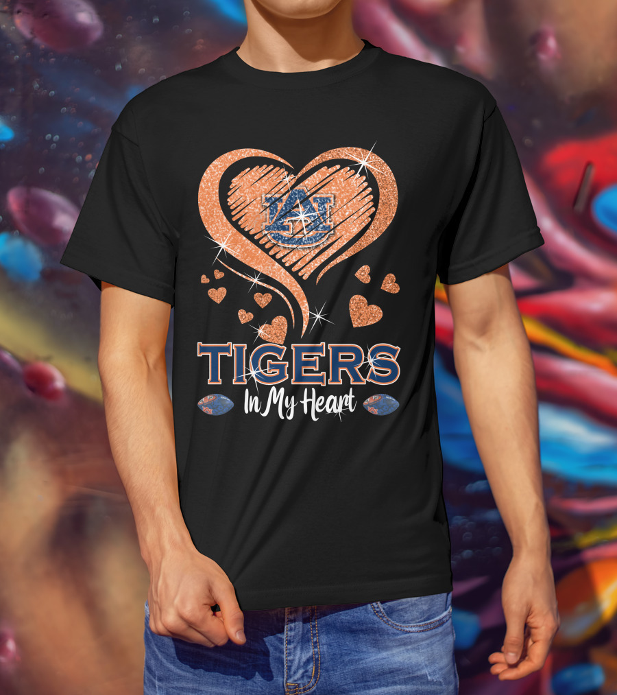 Tigers In My Heart Auburn University Logo With Glitter Hearts T-Shirt
