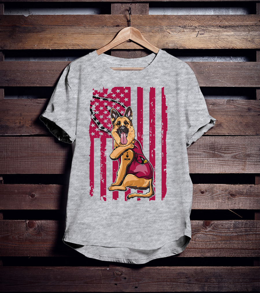German Shepherd Wearing Arizona Cardinals Jersey With American Flag Background T-Shirt