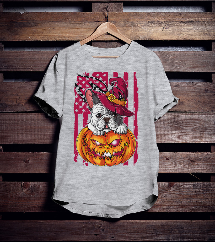 Hlw Bulldog Witch Hat Pumpkin Stars Stripes T-Shirt