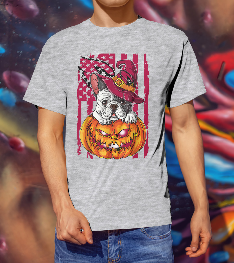 Hlw Bulldog Witch Hat Pumpkin Stars Stripes T-Shirt