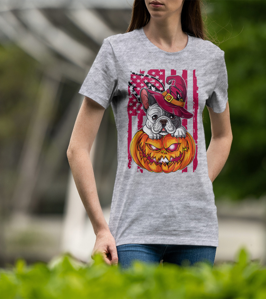 Hlw Bulldog Witch Hat Pumpkin Stars Stripes T-Shirt