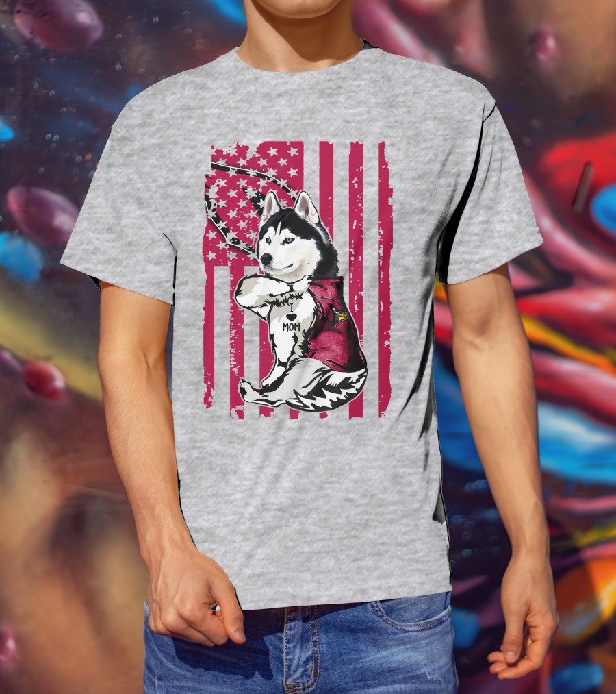 Siberian Husky I Love Mom Arizona Cardinals American Flag T-Shirt