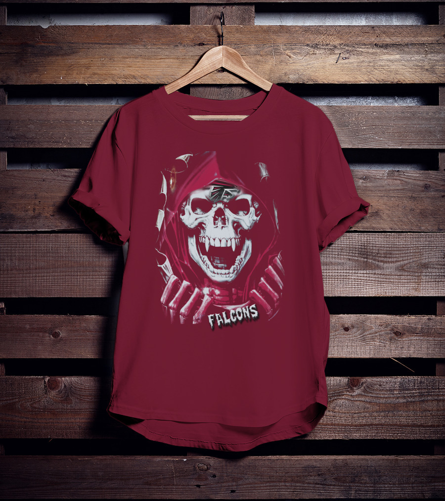 Atlanta Falcons Skull In Red Hood With Logo Elements T-Shirt