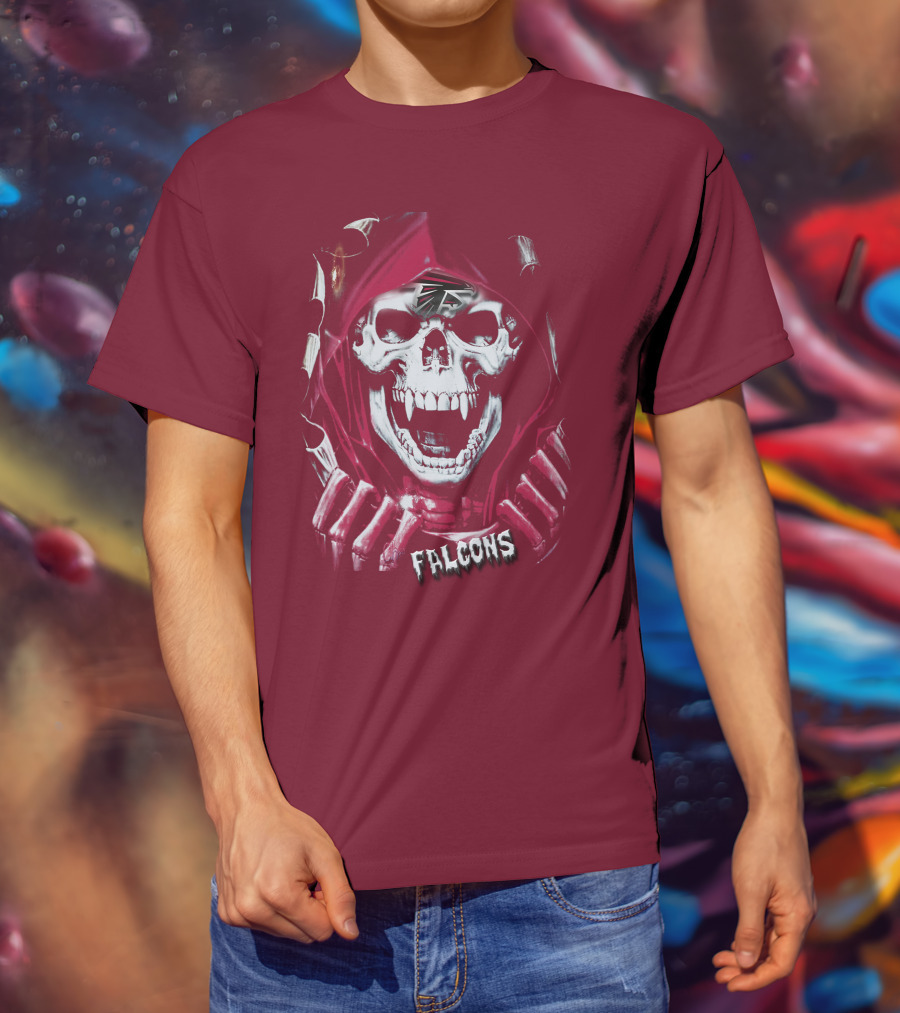Atlanta Falcons Skull In Red Hood With Logo Elements T-Shirt