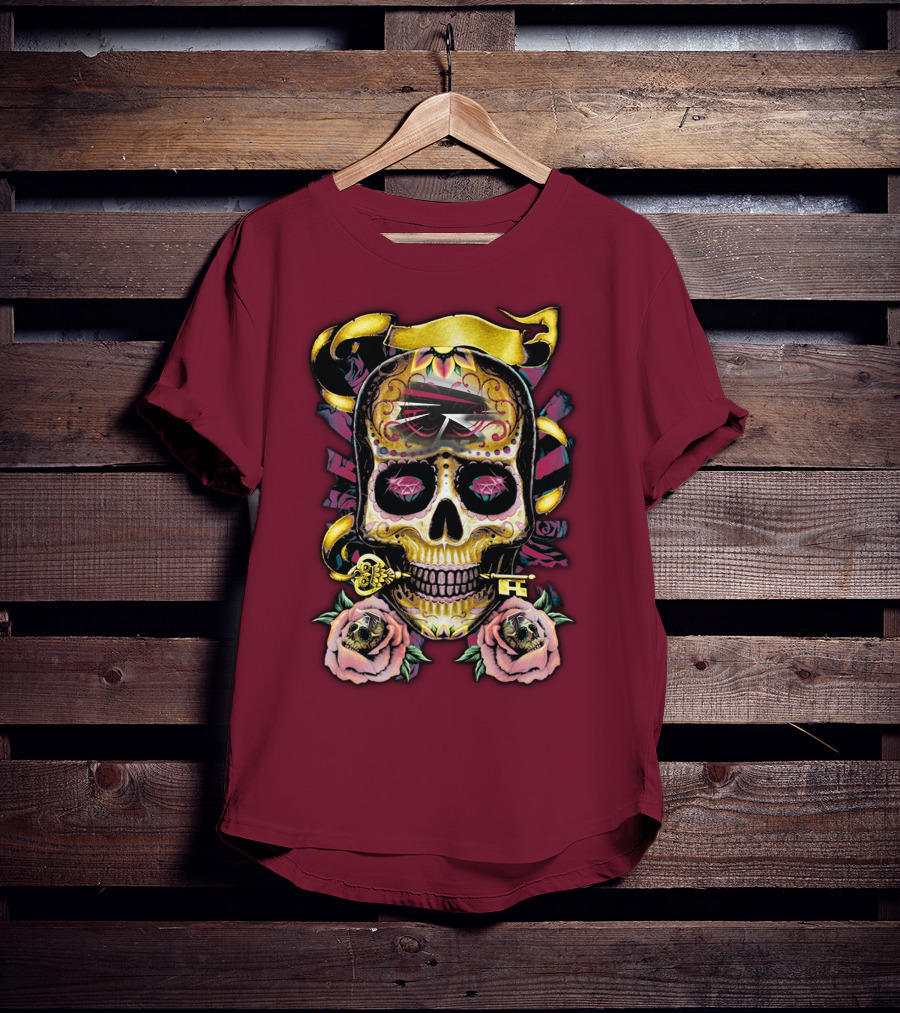 Atlanta Falcons Skull With Roses And Key T-Shirt