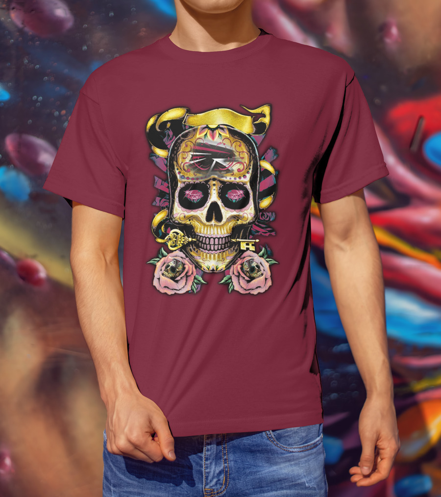 Atlanta Falcons Skull With Roses And Key T-Shirt