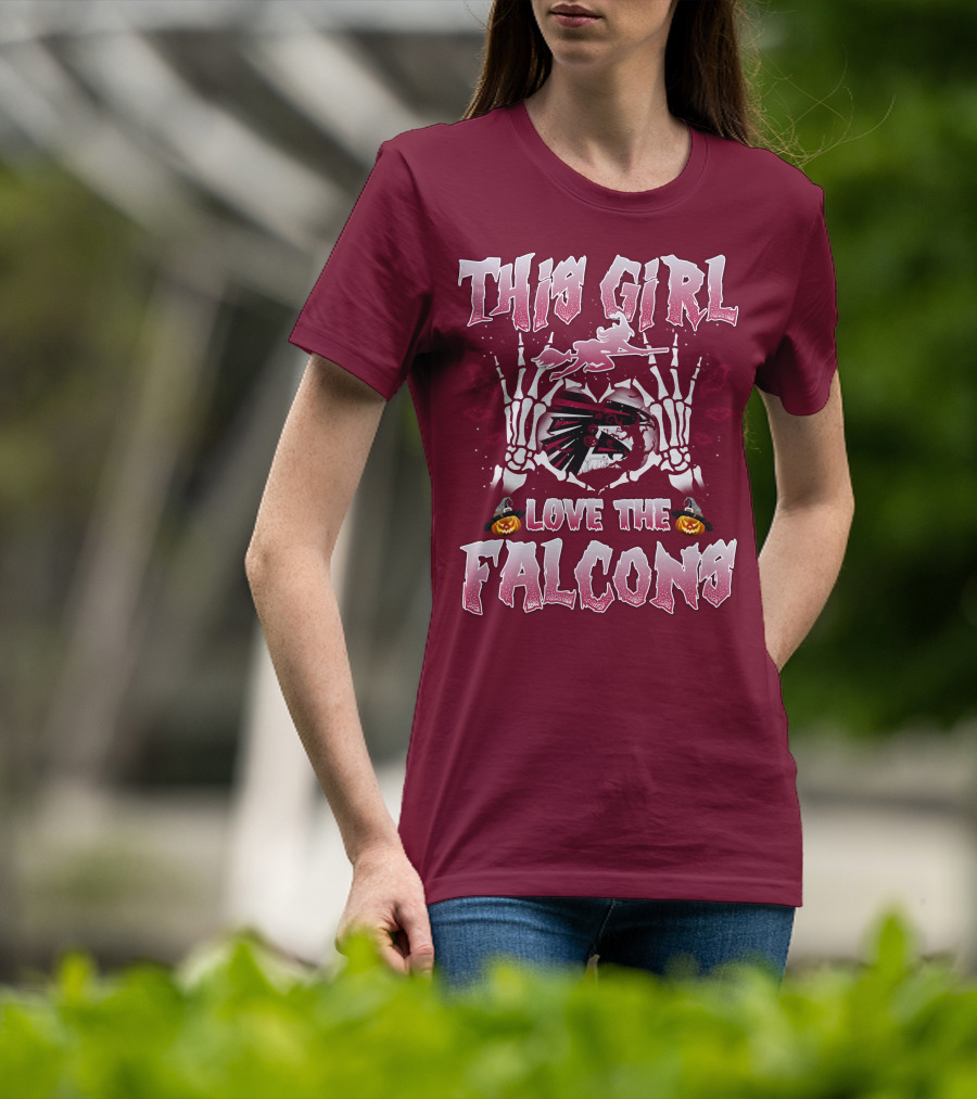 This Girl Love The Falcons Halloween Skeleton Hands Pumpkin T-Shirt