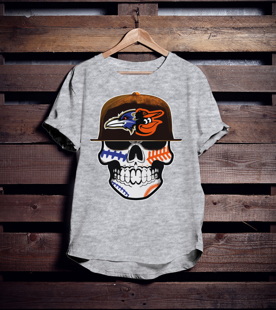 Baltimore Ravens Orioles Skull Baseball Crossover T-Shirt