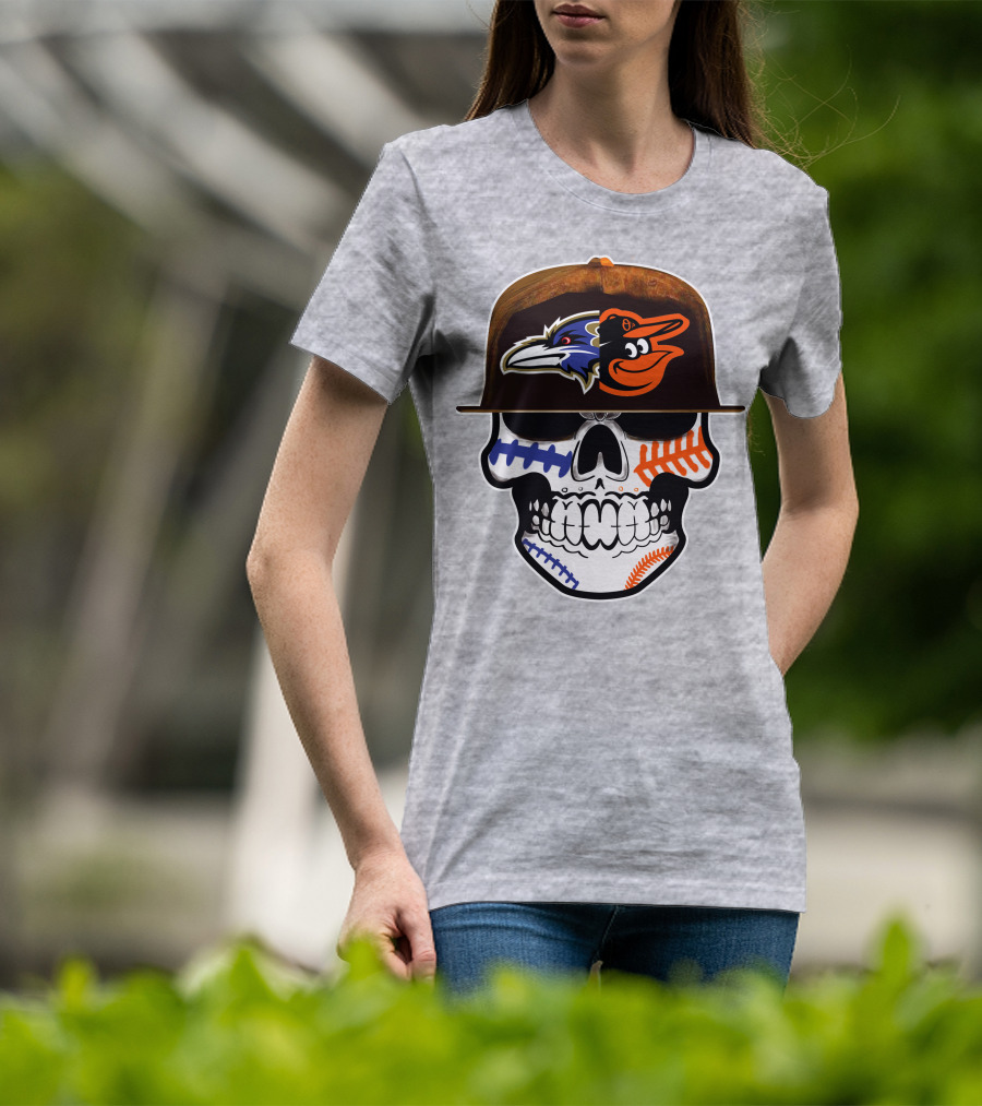 Baltimore Ravens Orioles Skull Baseball Crossover T-Shirt