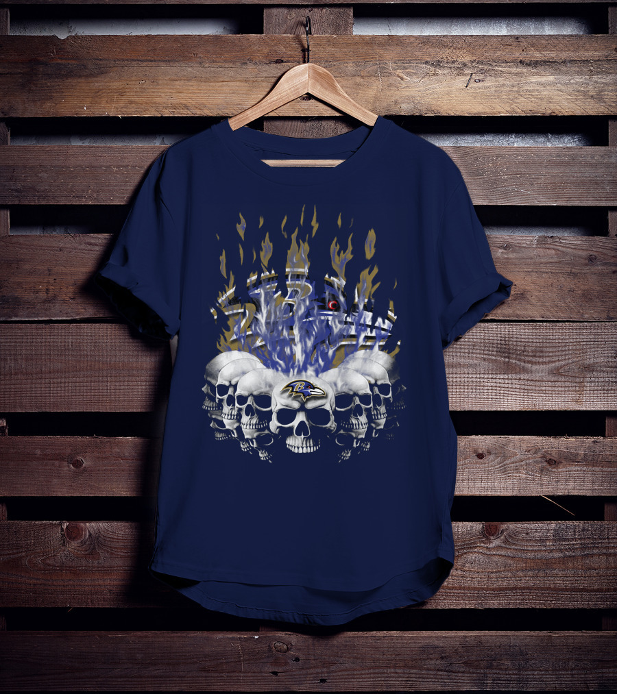 Baltimore Ravens Skull Flame Design With Team Logo T-Shirt