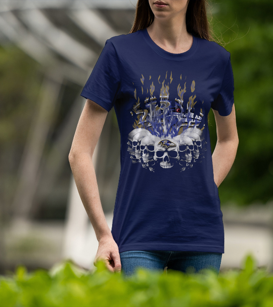 Baltimore Ravens Skull Flame Design With Team Logo T-Shirt