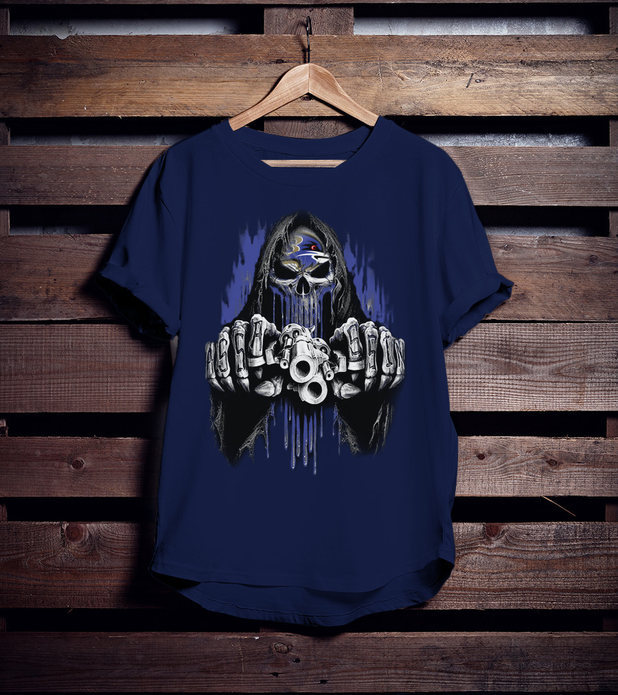 Baltimore Ravens Skull Reaper Gun Fists T-Shirt