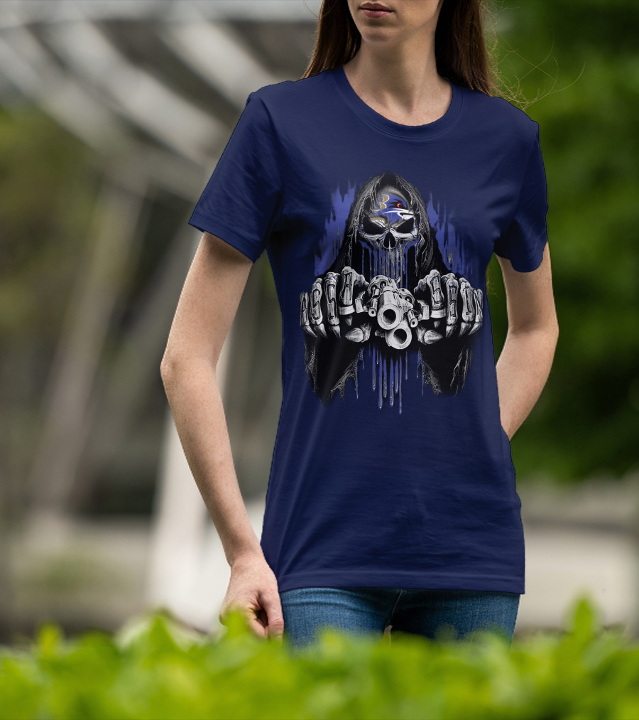 Baltimore Ravens Skull Reaper Gun Fists T-Shirt